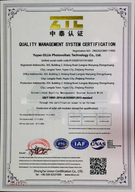 China Yuyao Ollin Photovoltaic Technology Co., Ltd. Zertifizierungen